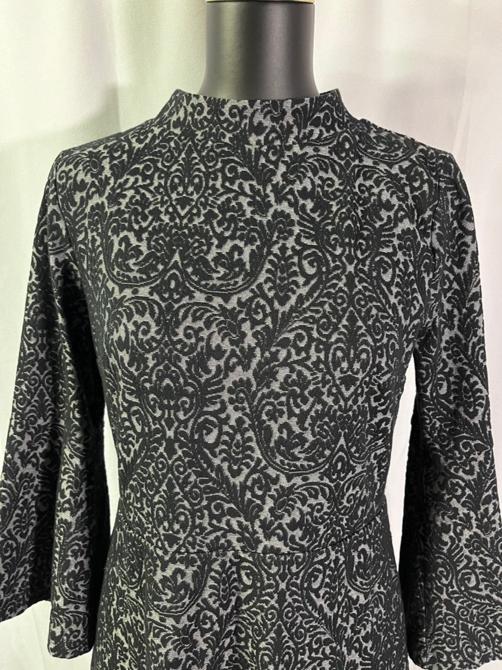 LOFT Black & Gray Jacquard Floral 3/4 Sleeve A-Line Dress - Picture 5 of 16